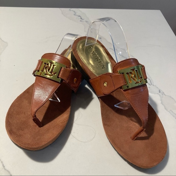 RALPH LAUREN RLR Sz 6 Leather  Metal Embellishment Thong Comfort Slide Sandals - Picture 1 of 9